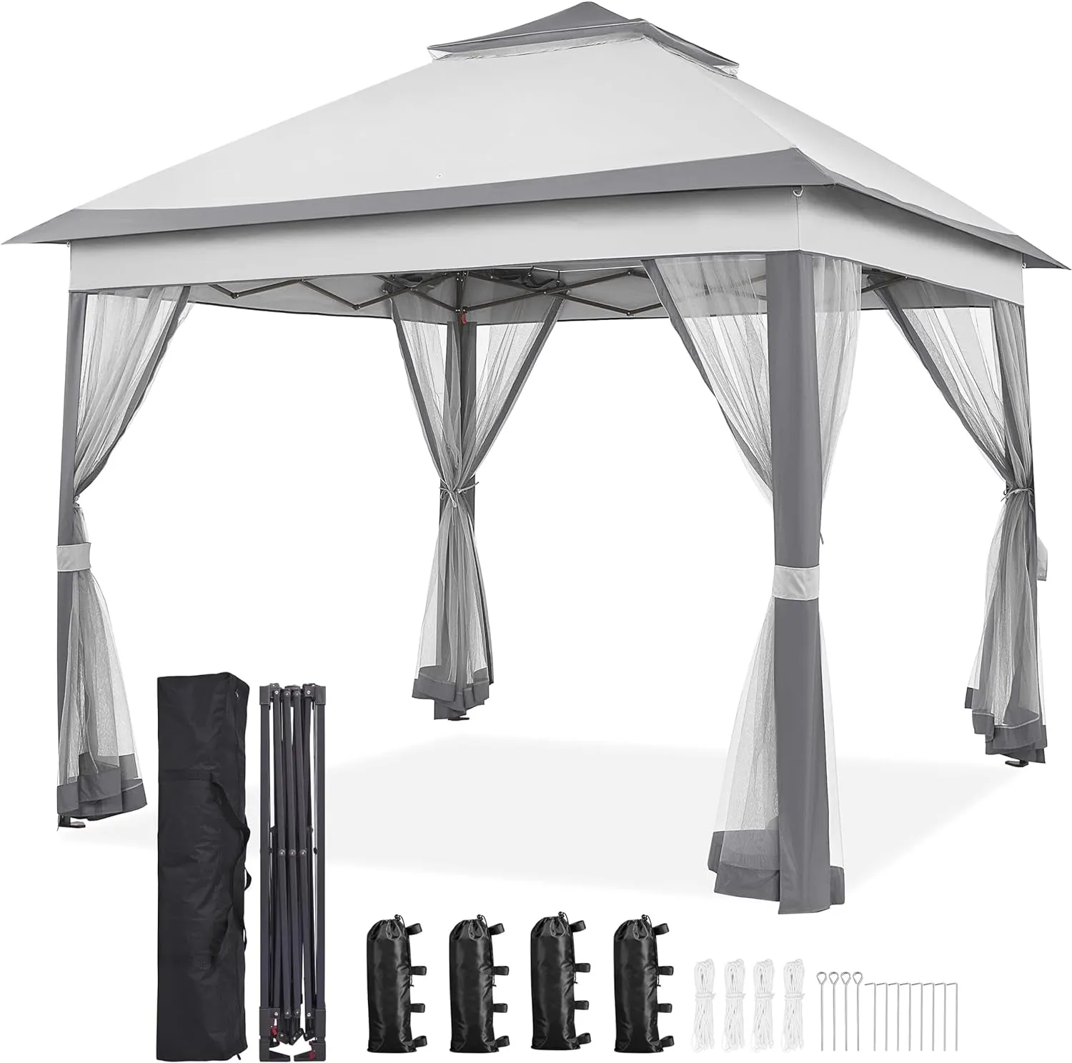 11X11 Pop up Gazebo Outdoor Canopy Shelter, Instant Patio Gazebo Sun Shade Canopy Tent with 4 Sandbags, 2 Tiers Roof & Mesh Netting for Lawn, Garden, Backyard & Deck, Gray