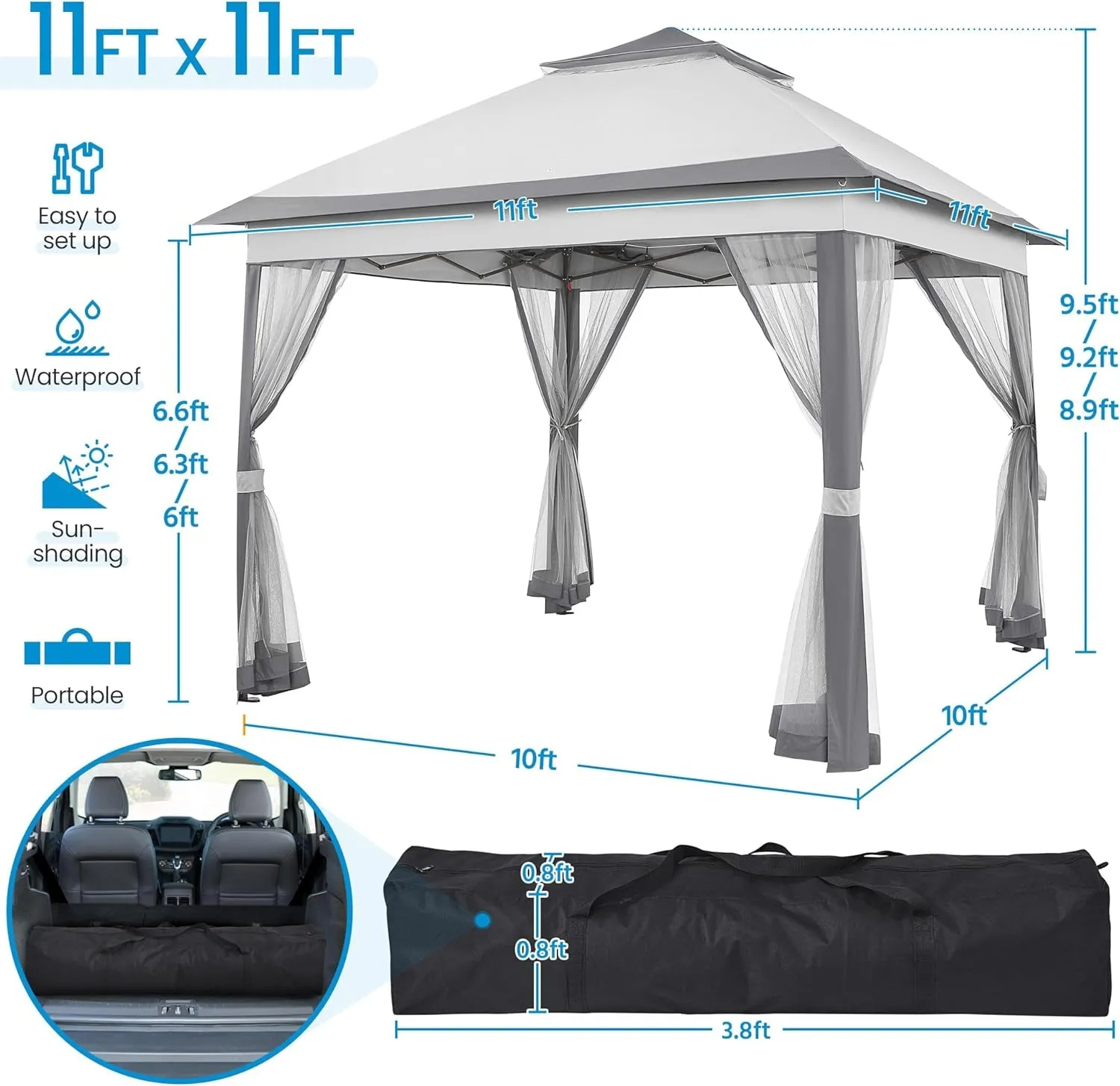 11X11 Pop up Gazebo Outdoor Canopy Shelter, Instant Patio Gazebo Sun Shade Canopy Tent with 4 Sandbags, 2 Tiers Roof & Mesh Netting for Lawn, Garden, Backyard & Deck, Gray