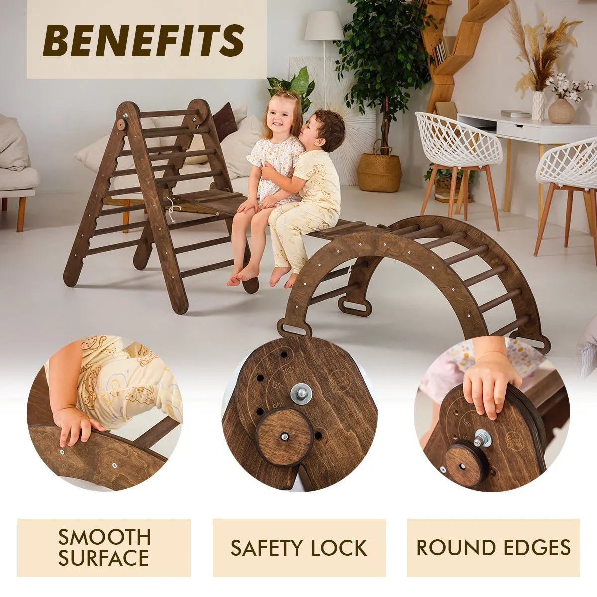 3in1 Montessori Climbing Set: Triangle Ladder   Wooden Arch   Slide Board – Chocolate New