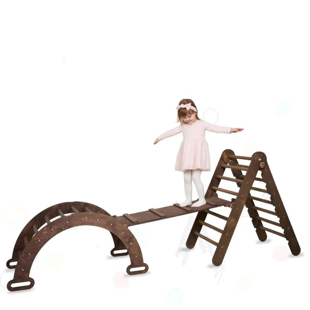 3in1 Montessori Climbing Set: Triangle Ladder   Wooden Arch   Slide Board – Chocolate New