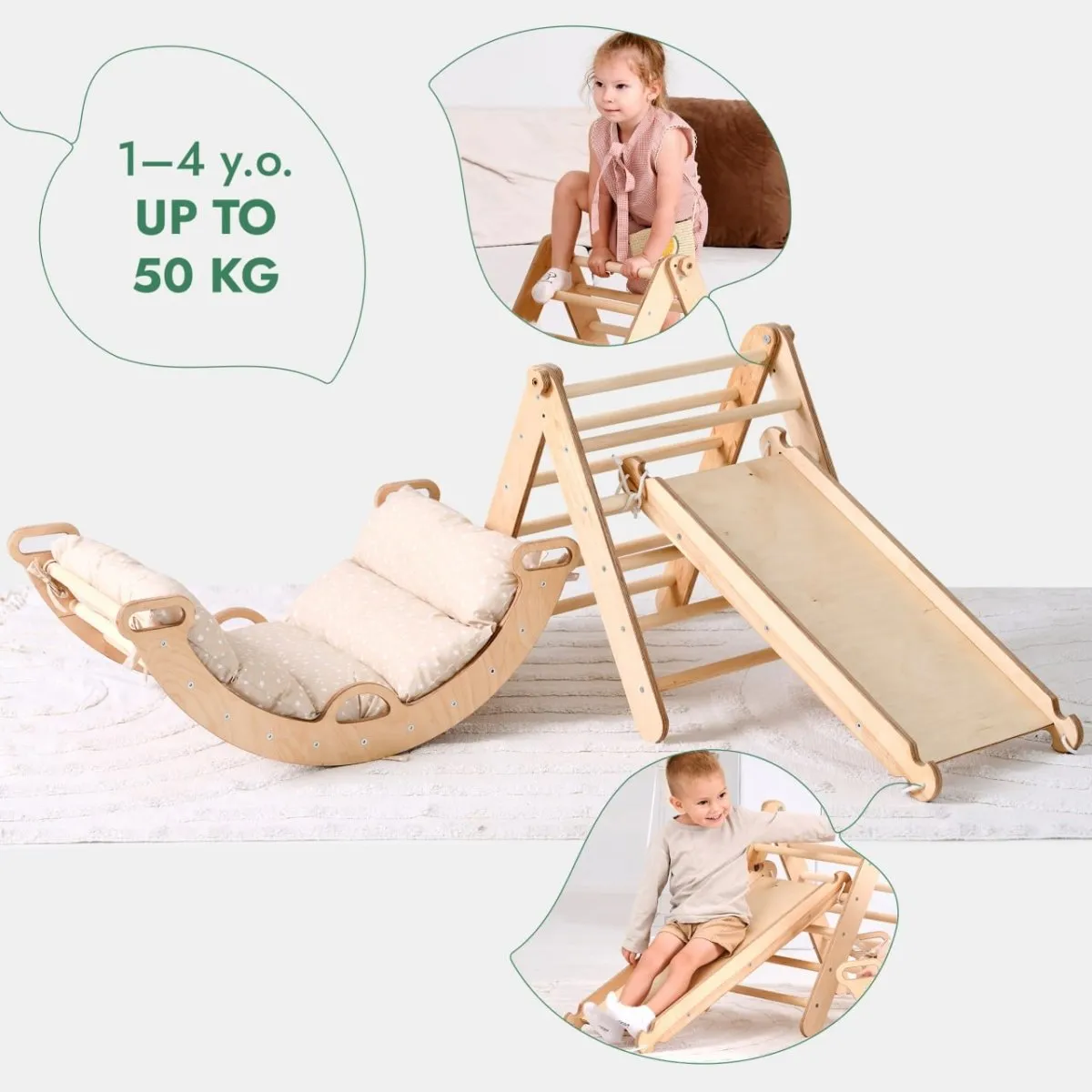 4in1 Toddler Climbing Set: Triangle Ladder   Climbing Arch   Slide Board   Cushion Beige