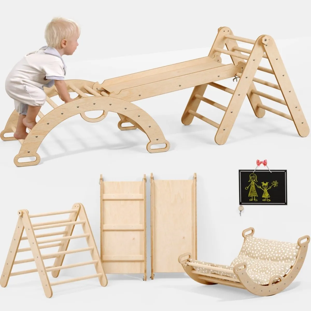 4in1 Toddler Climbing Set: Triangle Ladder   Climbing Arch   Slide Board   Cushion Beige