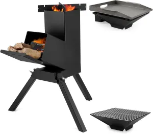 essential Large 3 in 1 Rocket Stove with Grill Rack, Griddle and Pot Cooking Stand, Heavy Duty Wood Burning Stove for Cooking, Camping wood Stove Kit for Off-Grid Supply, Outdoor Backyard Cooking