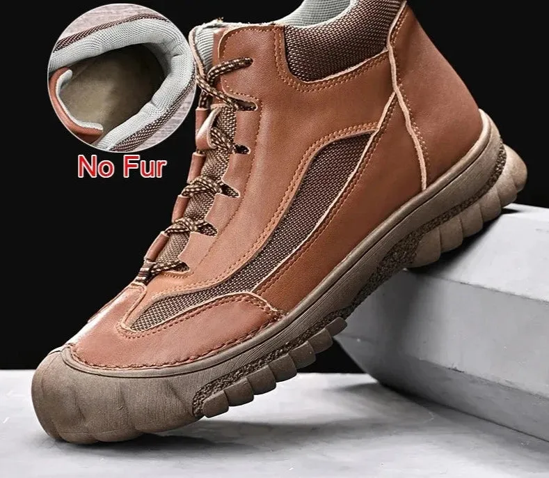 Genuine Leather Winter Warm Fur Men Boots Handmade Fashion Lace Up Non-Slip Comfortable Hiking Boots Size 38-46