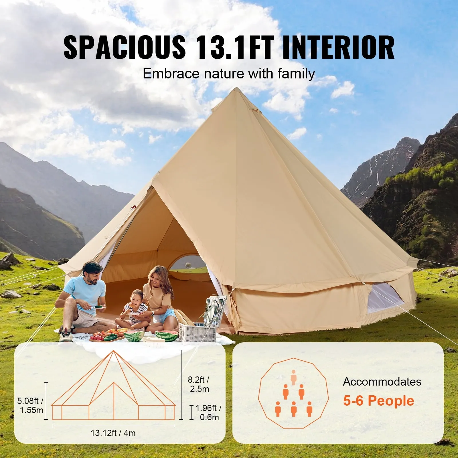 modern Canvas Bell Tent 4m/13.12ft 4-Season Camping Yurt Tent with Stove Jack