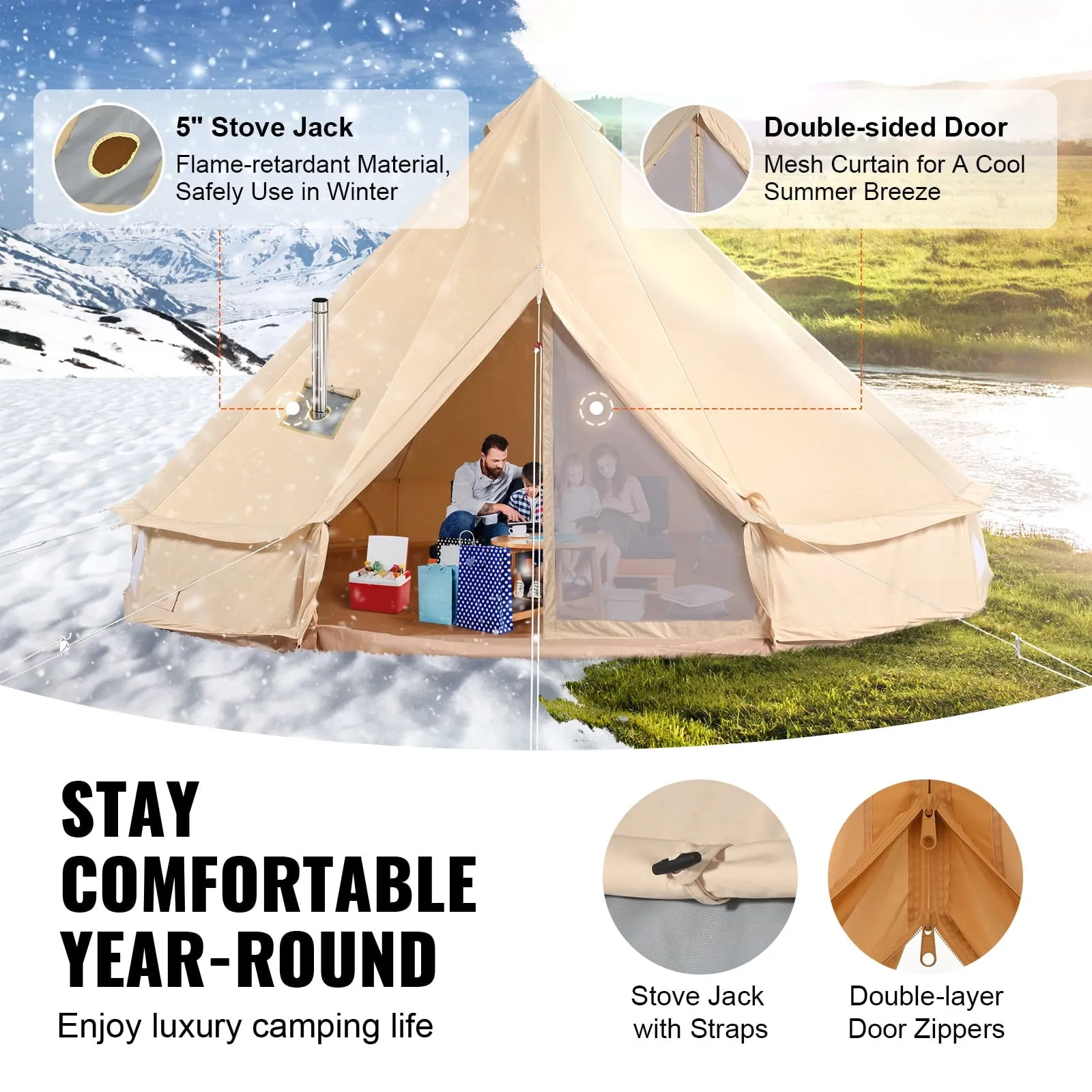 modern Canvas Bell Tent 4m/13.12ft 4-Season Camping Yurt Tent with Stove Jack