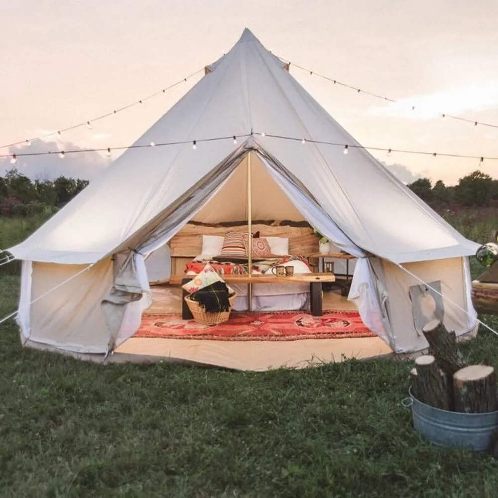 premium Outdoor Glamping Waterproof Cotton Canvas 16.4ft(5M) Bell Tent with Side-Wall Stove Jack Glamping Yurt Tent with Mesh Screen Door and Windows