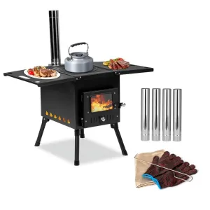 premium SYTHERS Camp Wood Stove, Tent Wood Burning Stoves Portable with Chimney Pipes, Camping Stove with Gloves for Outdoor, Black