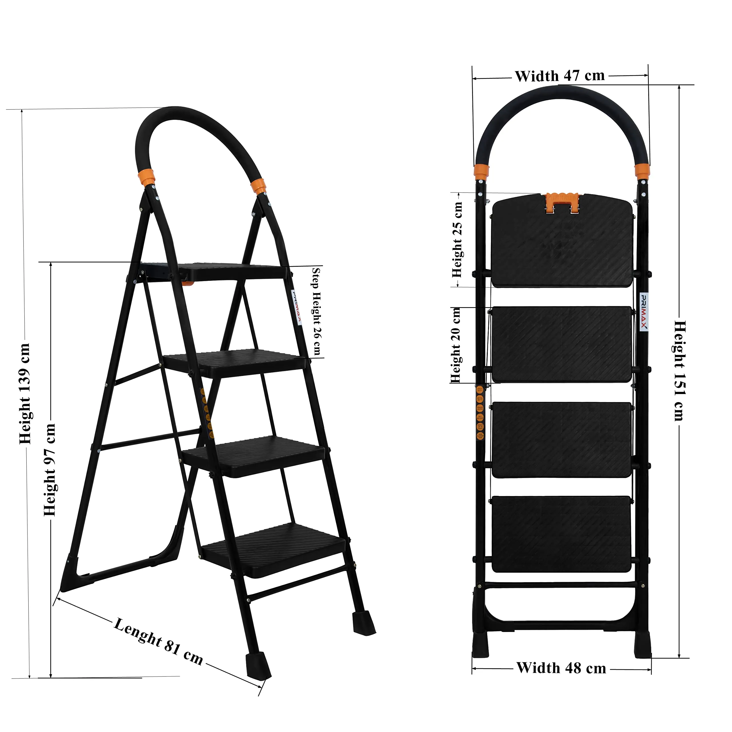 Primax 4-Step Foldable Ladder with Safety-Clutch Lock and Ribbed Steps/Step Ladder/GI Steel Ladder for Home(Primo-Black&Orange)