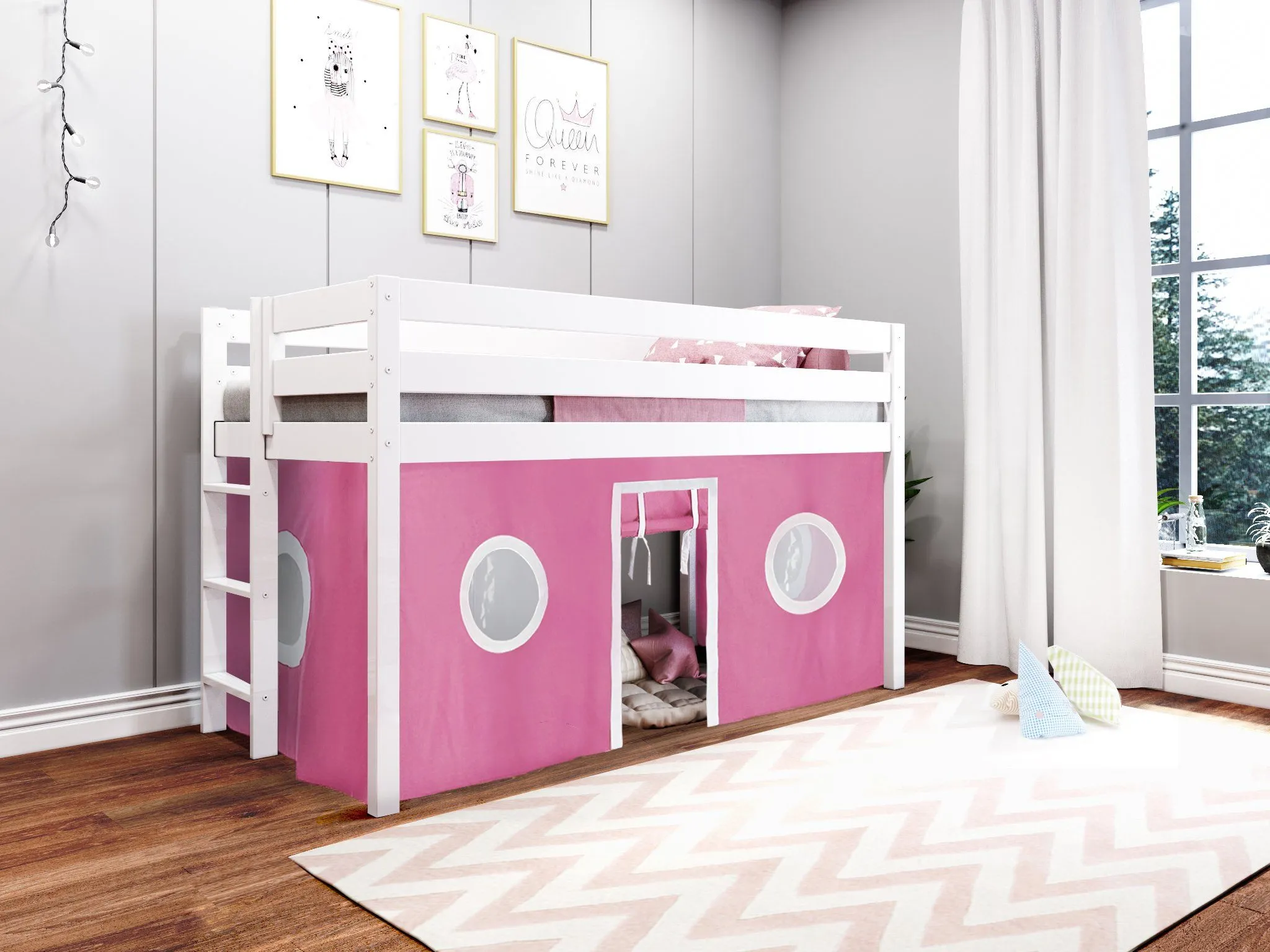 Twin Low Loft Bed, WHITE with Pink and White Tent