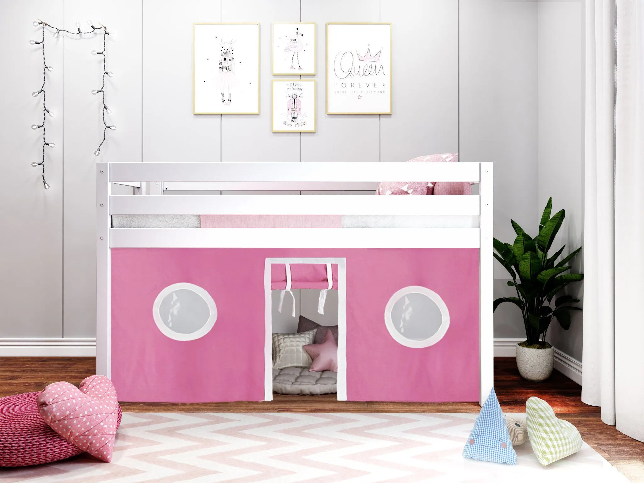 Twin Low Loft Bed, WHITE with Pink and White Tent