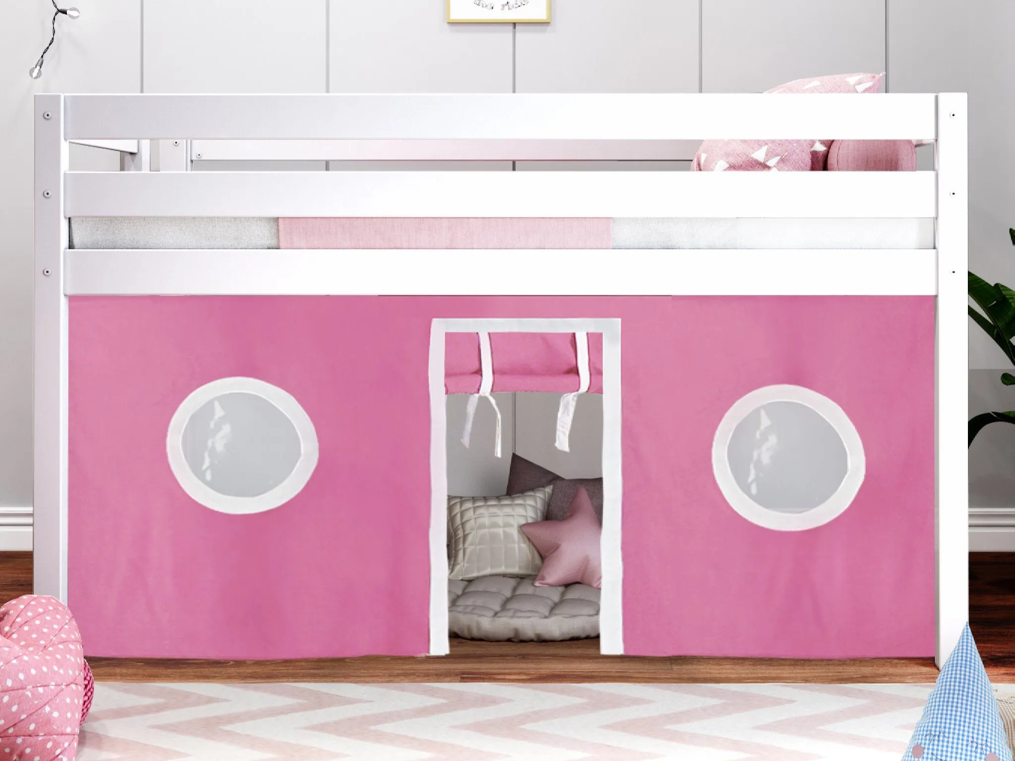 Twin Low Loft Bed, WHITE with Pink and White Tent