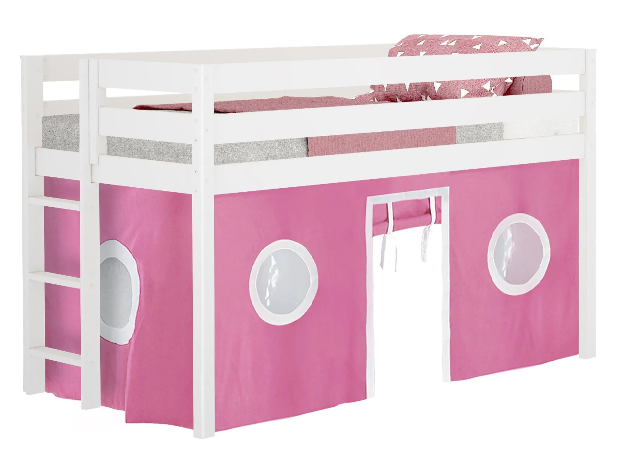 Twin Low Loft Bed, WHITE with Pink and White Tent