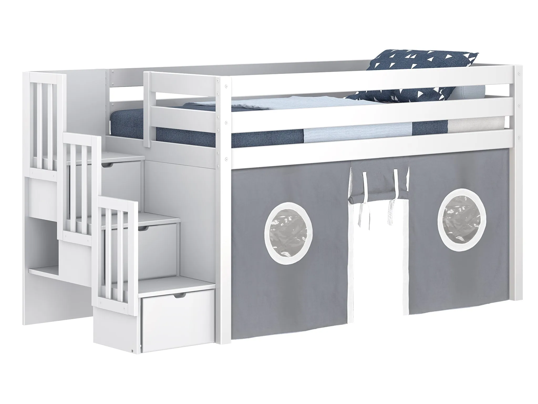 Twin Stairway Low Loft Bed in WHITE, Gray & White Tent