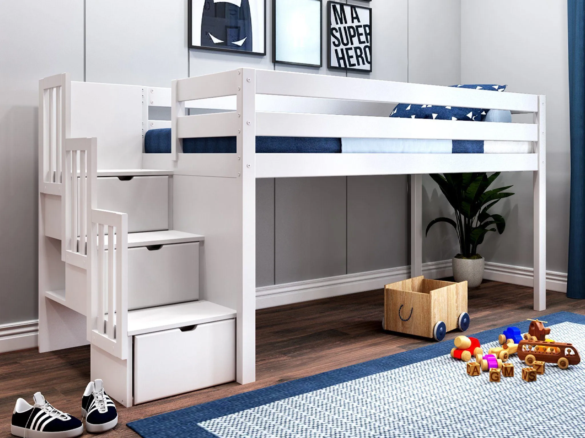 Twin Stairway Low Loft Bed in WHITE, Gray & White Tent